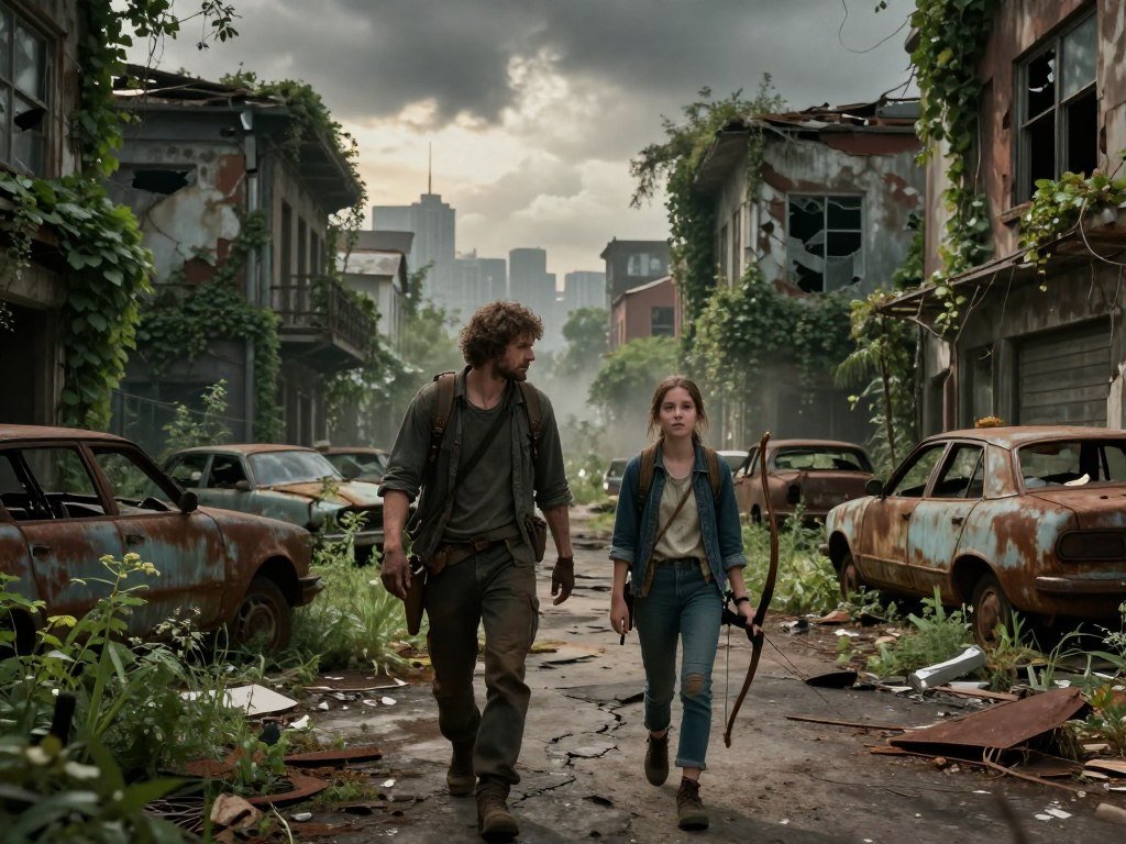 Joel and Ellie crossing a ruined post-apocalyptic world Joel and Ellie crossing a ruined post-apocalyptic world