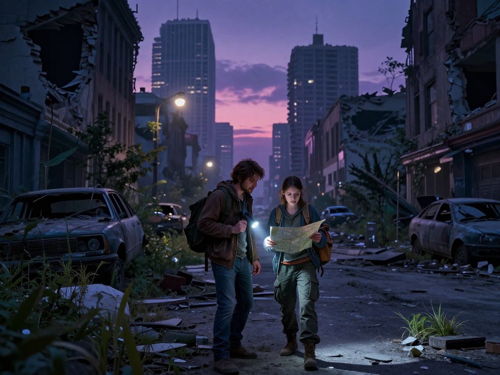 Joel and Ellie travel together through a ruined city Joel and Ellie travel together through a ruined city