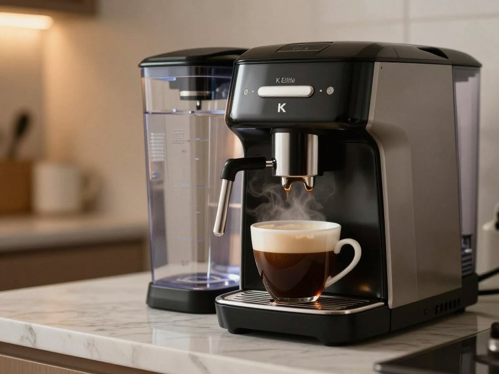 K-Elite coffee maker pouring a strong cup beside its reservoir
