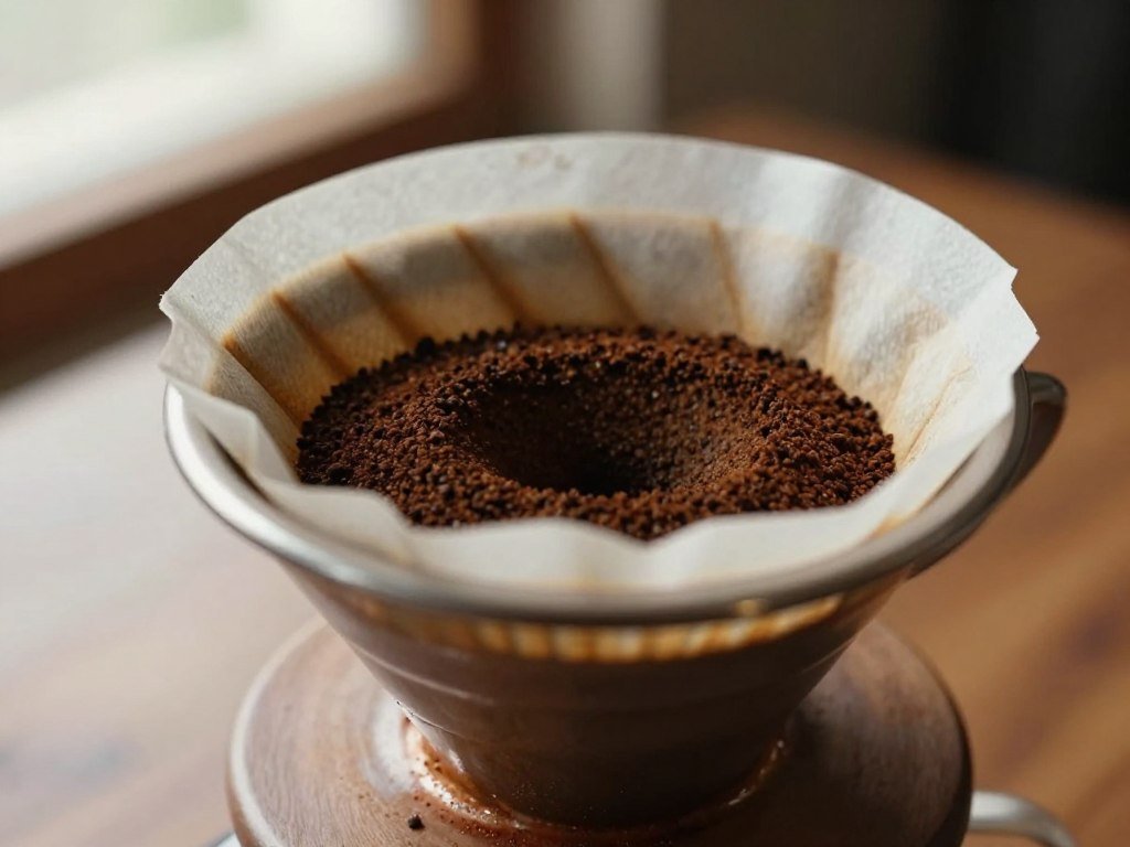 Kalita Wave coffee grounds resting in its flat-bottom filter Kalita Wave coffee grounds resting in its flat-bottom filter