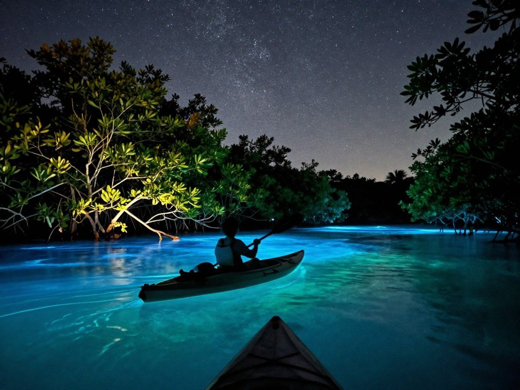 Kayak crosses glowing water on a quiet Florida lagoon Kayak crosses glowing water on a quiet Florida lagoon