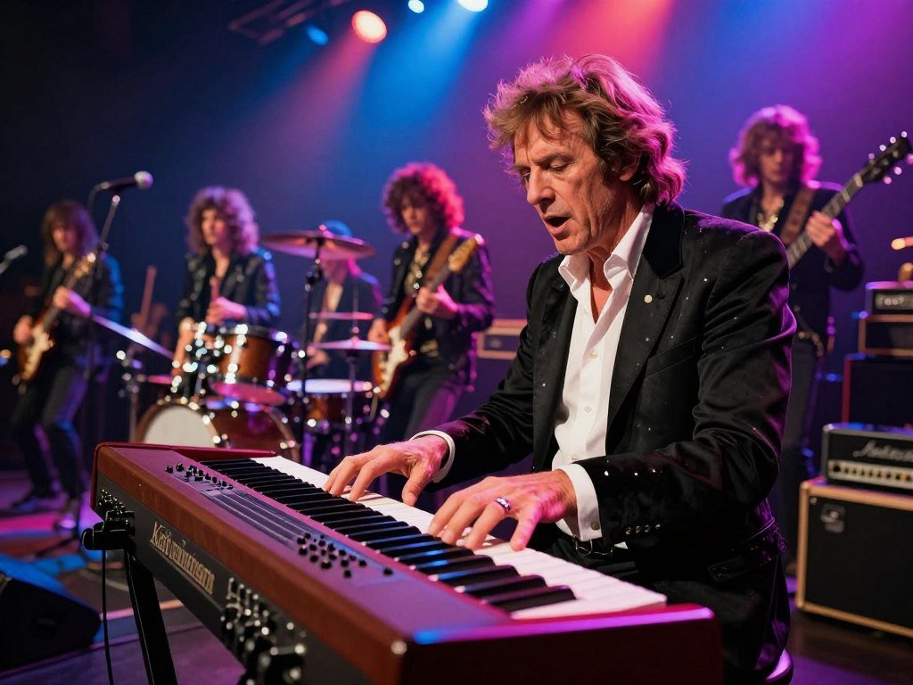 Keith Emerson performing on keyboard with progressive rock band