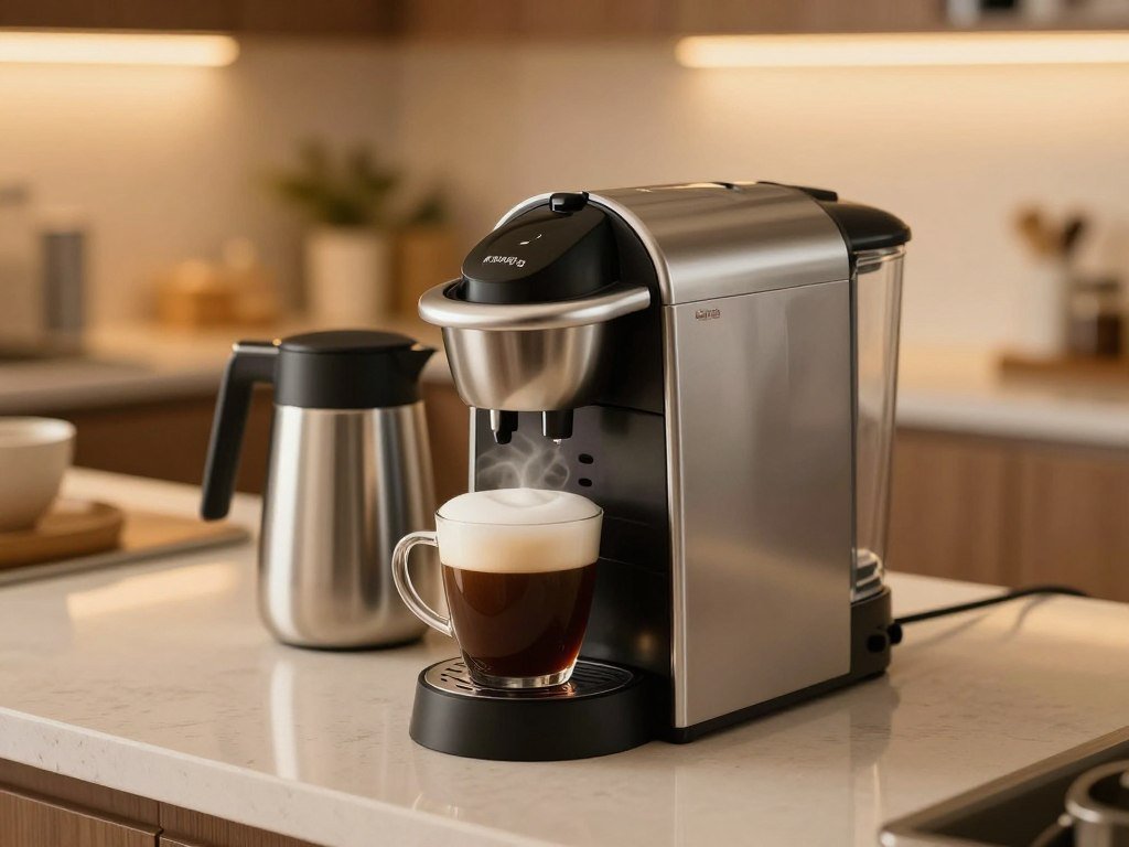 Keurig coffee maker with a milk frother and a mug on the counter Keurig coffee maker with a milk frother and a mug on the counter