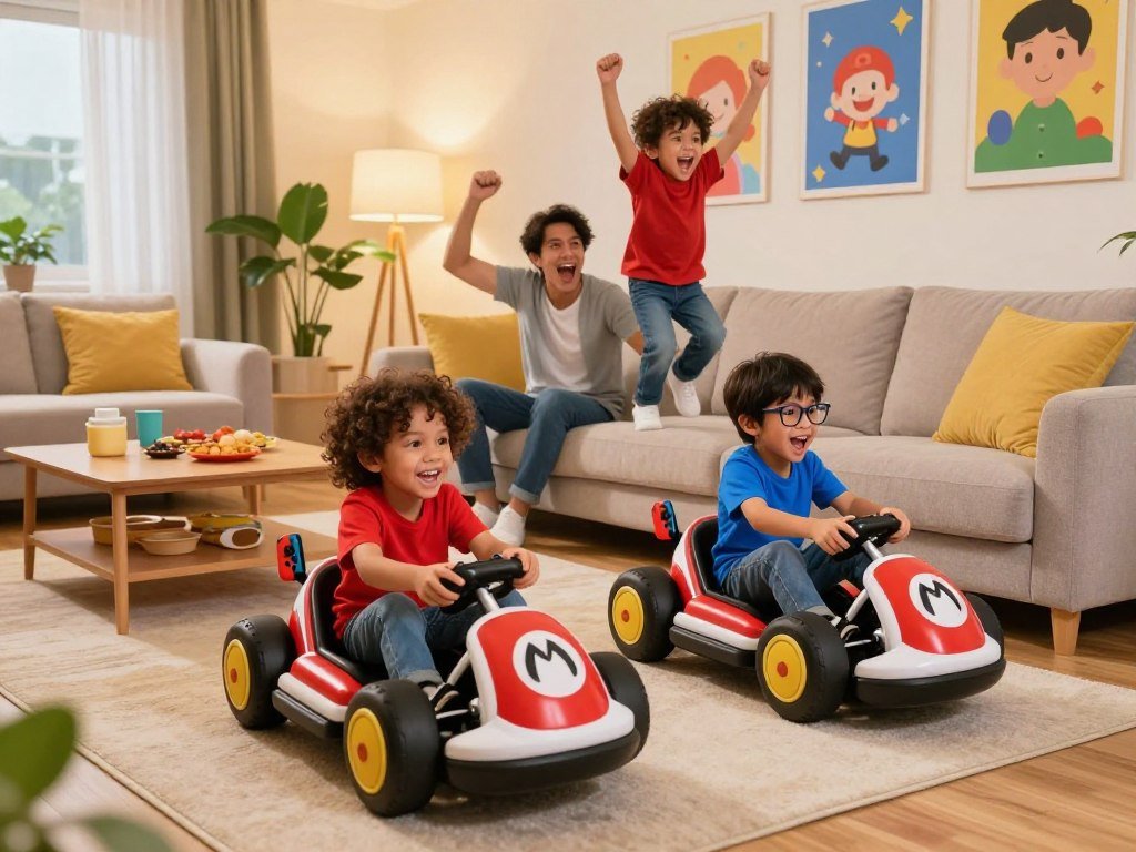 Kids and adults racing Mario Kart on a living room couch Kids and adults racing Mario Kart on a living room couch