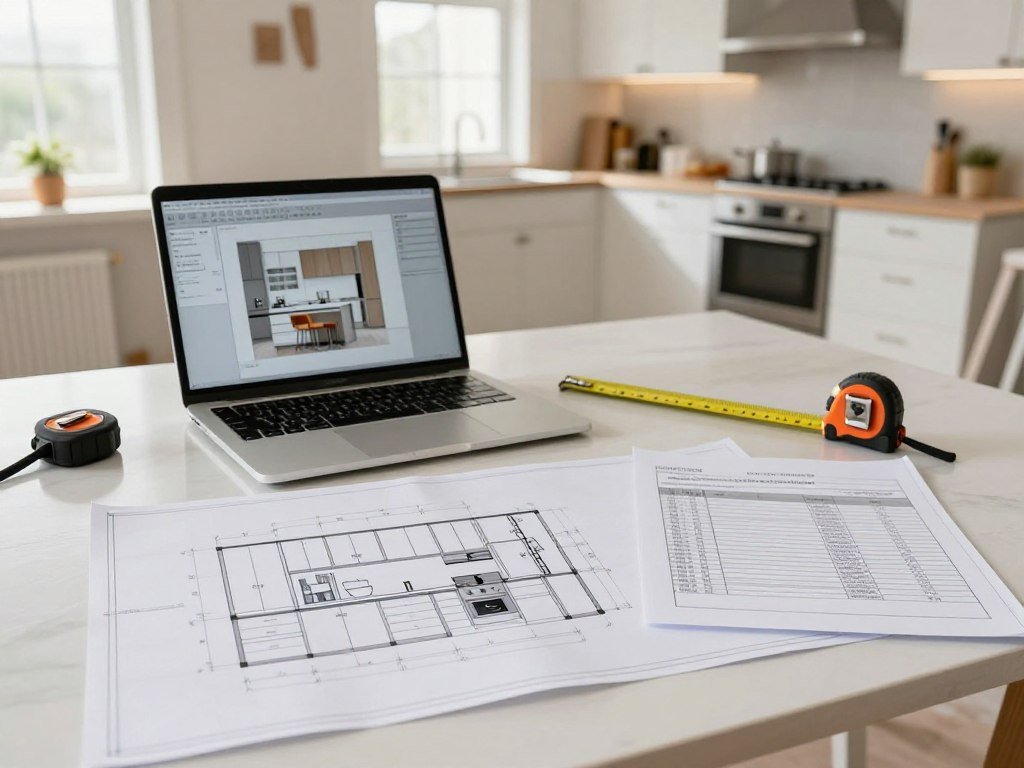Kitchen remodel plans beside a home improvement project budget Kitchen remodel plans beside a home improvement project budget