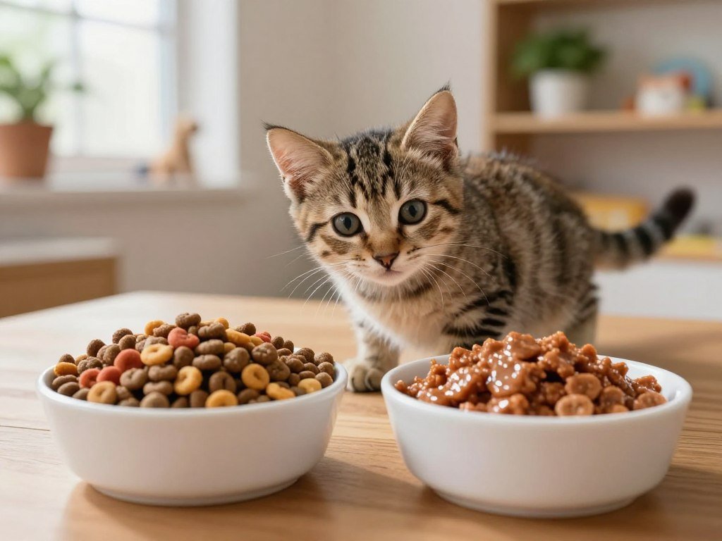 Kitten comparing wet and dry growth food options Kitten comparing wet and dry growth food options