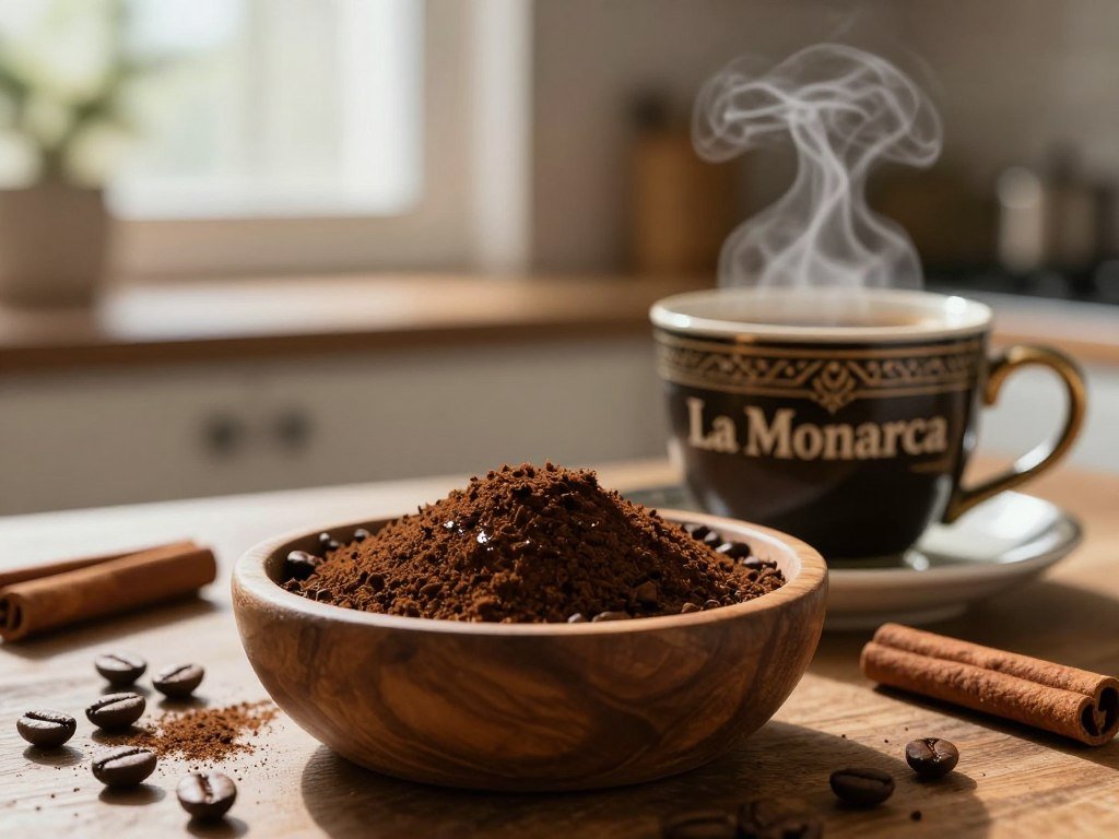 La Monarca ground coffee beside a cinnamon-spiced cup La Monarca ground coffee beside a cinnamon-spiced cup