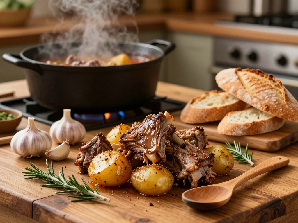 Lamb, potatoes, garlic, and bread ready for caldereta