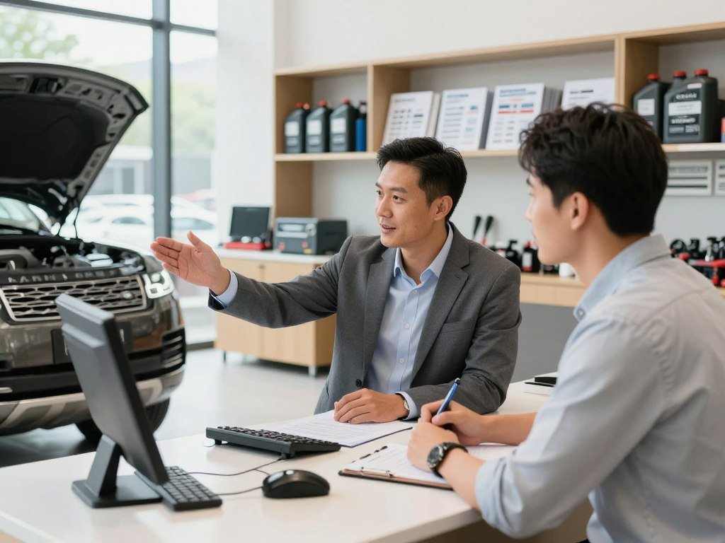 Land Rover retailer service desk discussing an oil change and repair