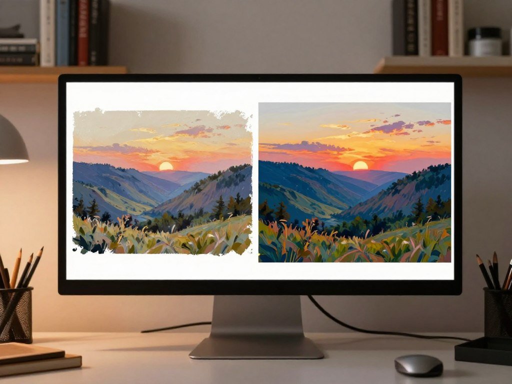 Landscape image draft beside a refined version on a monitor Landscape image draft beside a refined version on a monitor