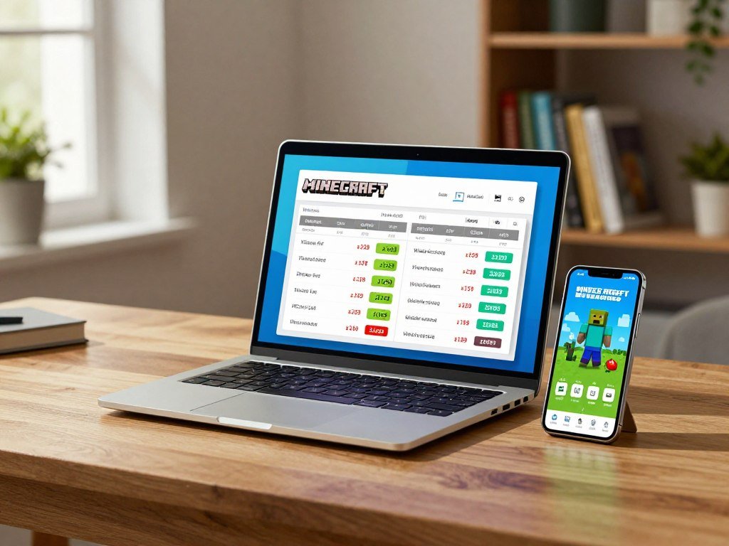 Laptop and phone show Minecraft platform prices for Windows and mobile Laptop and phone show Minecraft platform prices for Windows and mobile