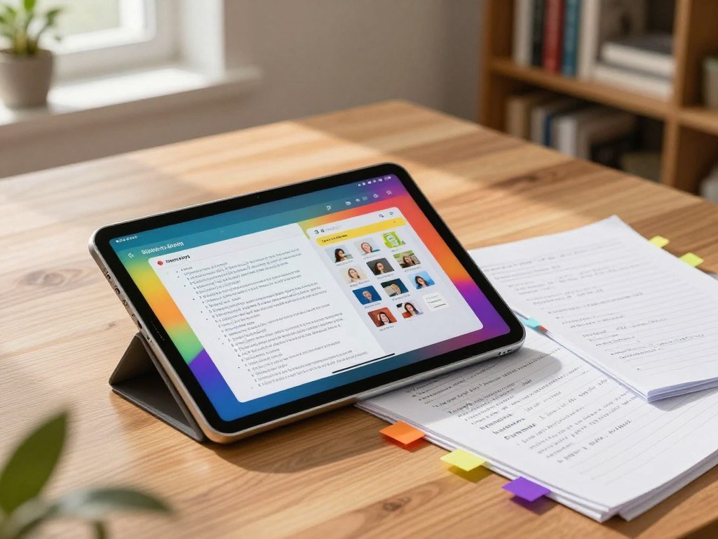 Large Galaxy Tab S10 FE Plus open beside research notes