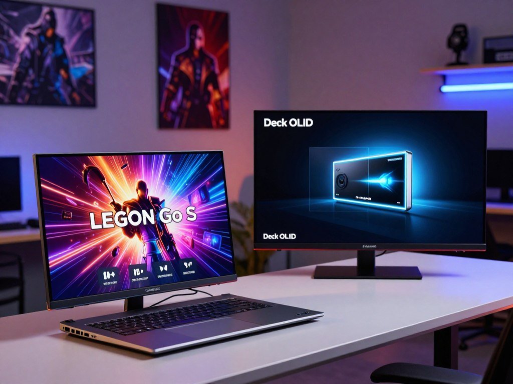Large Legion Go S screen beside the contrast of a Deck OLED display Large Legion Go S screen beside the contrast of a Deck OLED display