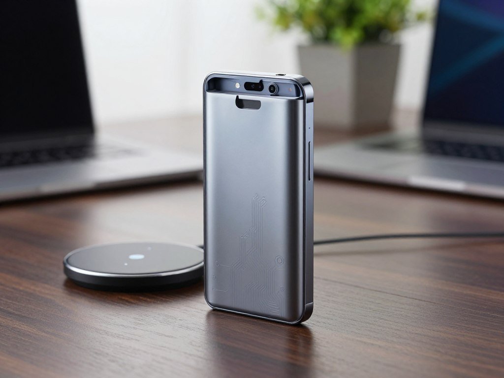 Large phone battery concept beside a wireless charging pad Large phone battery concept beside a wireless charging pad