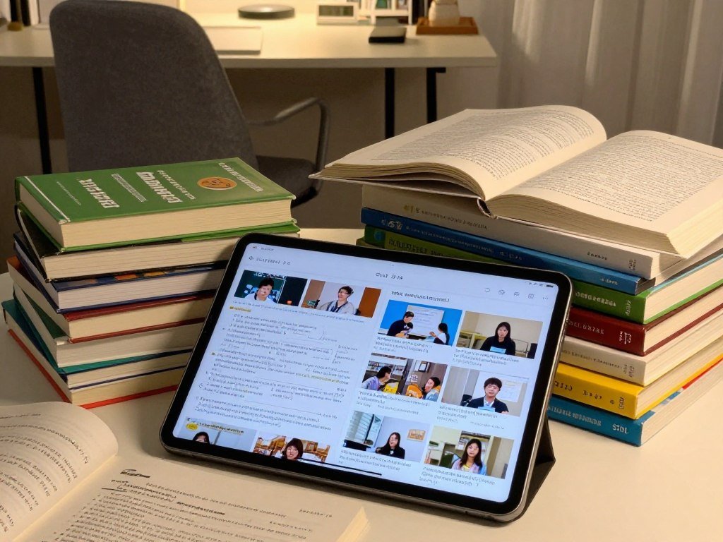 Large tablet open beside textbooks for split-screen study