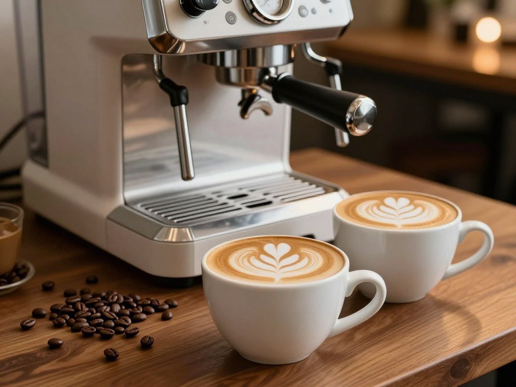 Latte and cappuccino cups beside a milk-focused espresso machine Latte and cappuccino cups beside a milk-focused espresso machine