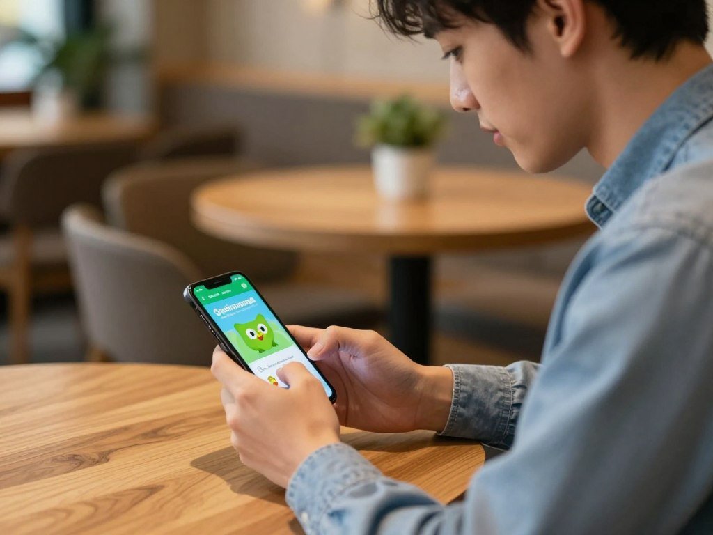 Learner completing a short Duolingo Spanish lesson on a phone Learner completing a short Duolingo Spanish lesson on a phone