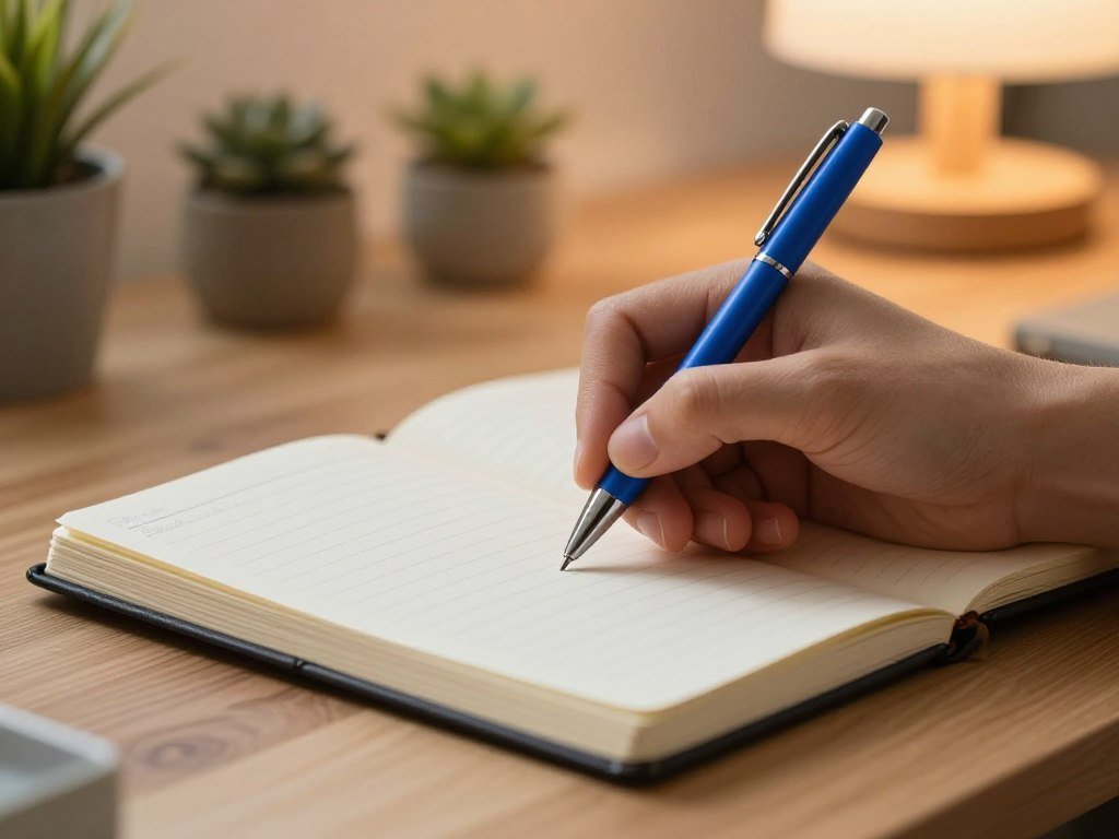 Left hand writing a journal entry with a ballpoint pen