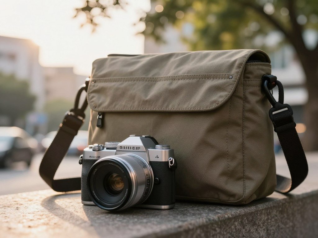 Light compact camera resting beside an everyday shoulder bag Light compact camera resting beside an everyday shoulder bag