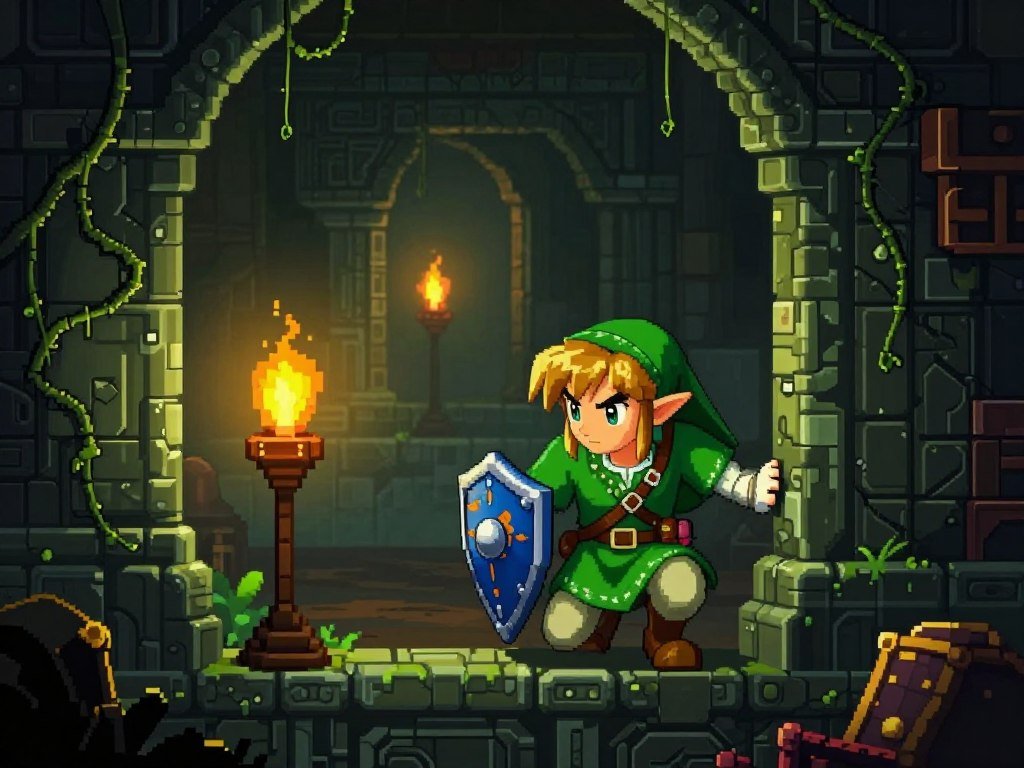 Link explores a dungeon in an original Game Boy adventure Link explores a dungeon in an original Game Boy adventure