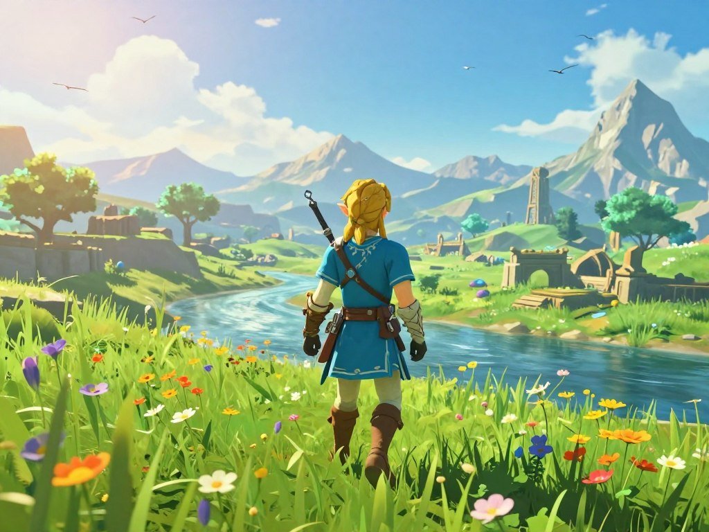 Link exploring Hyrule in Breath of the Wild Link exploring Hyrule in Breath of the Wild