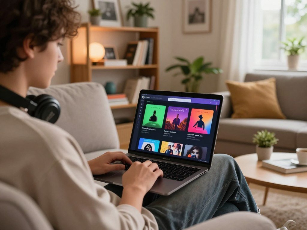 Listener exploring new playlists and artist releases in Spotify Listener exploring new playlists and artist releases in Spotify