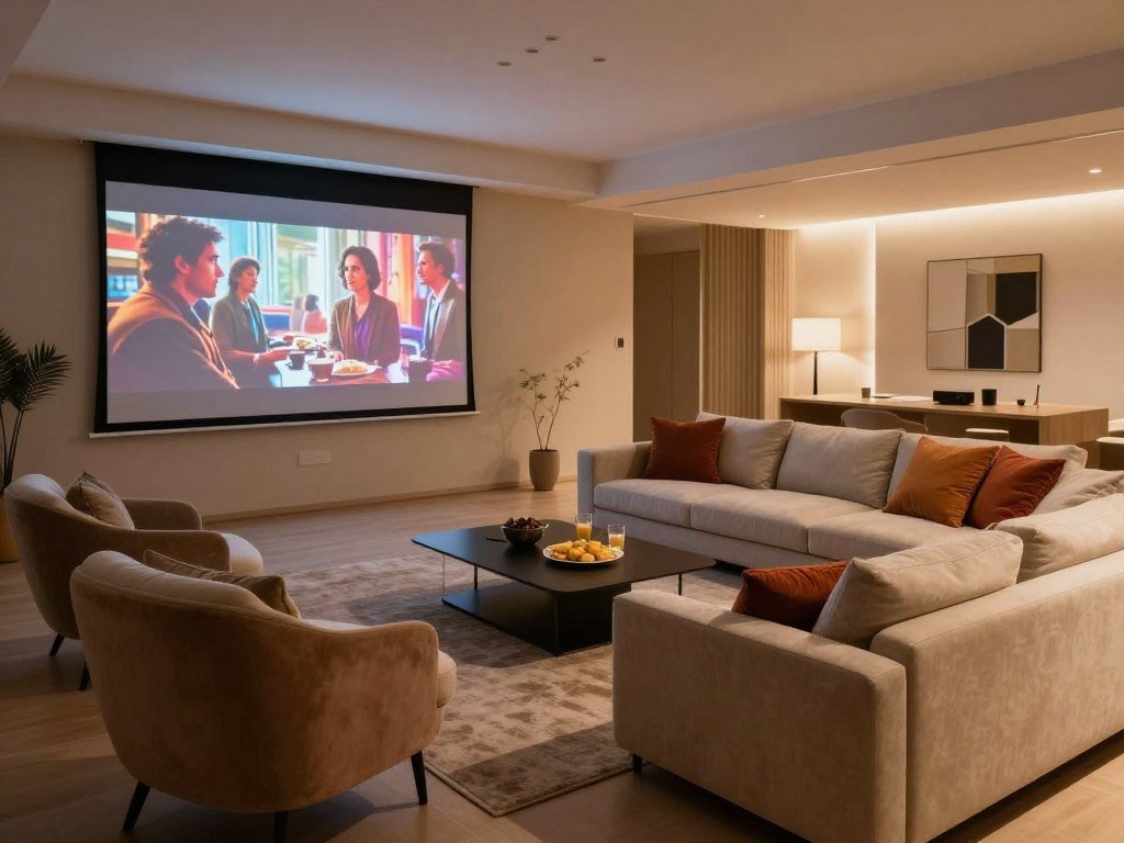 Living room seating arranged around a large projector image