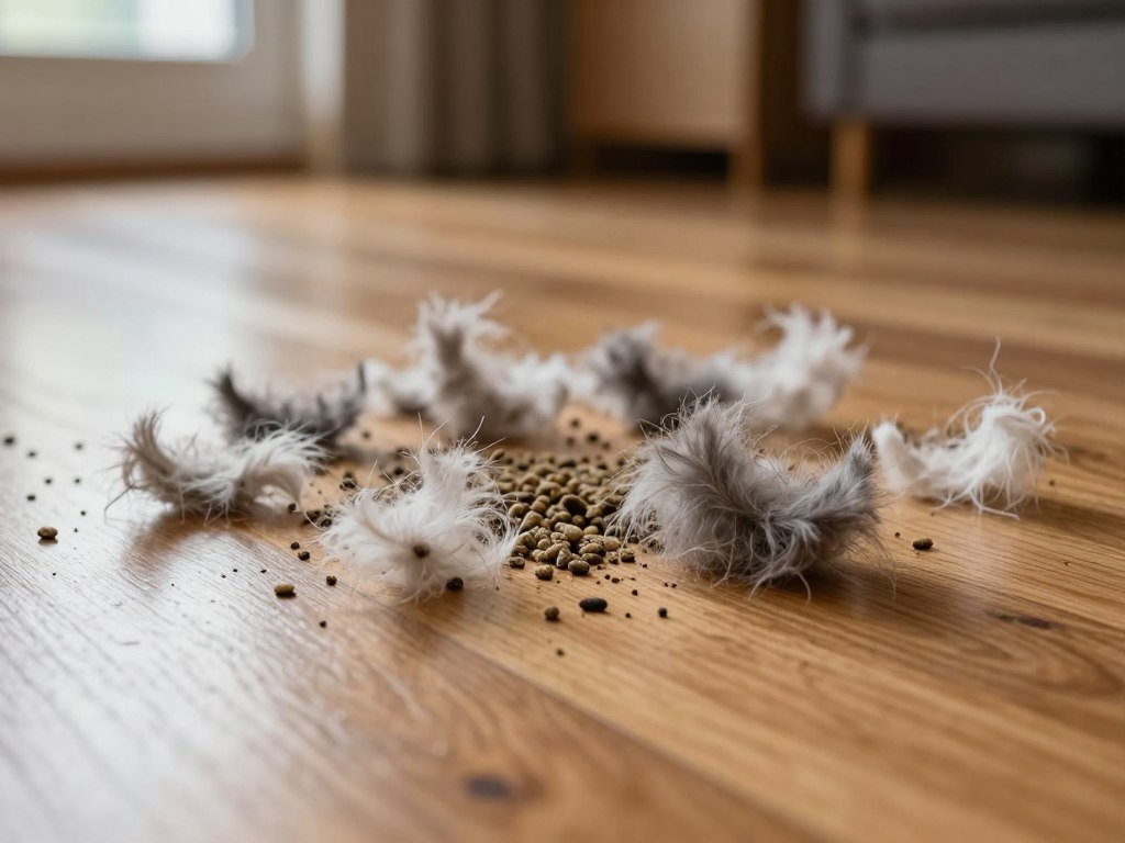 Loose pet fur and dry cat litter on a hardwood floor Loose pet fur and dry cat litter on a hardwood floor