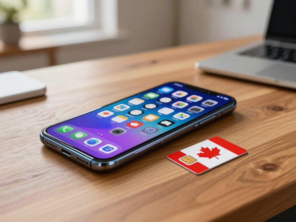 Low-cost budget phone beside a Canadian SIM card