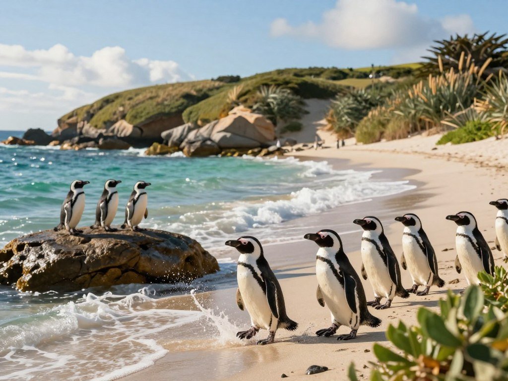 Magellanic penguins walking through a coastal reserve