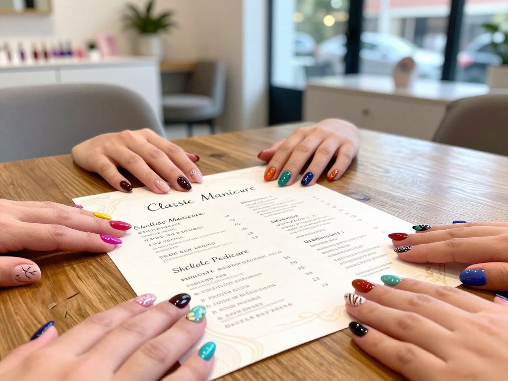Manicure and pedicure service menu with listed nail prices Manicure and pedicure service menu with listed nail prices