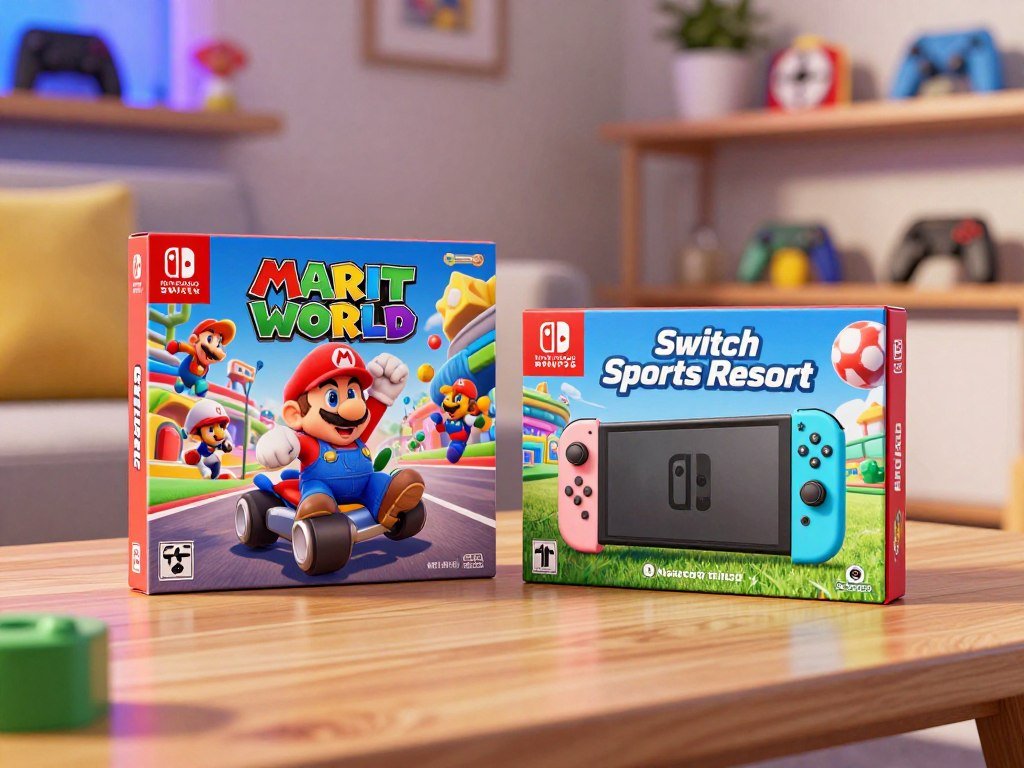 Mario Kart World bundle beside Nintendo Switch Sports Resort package