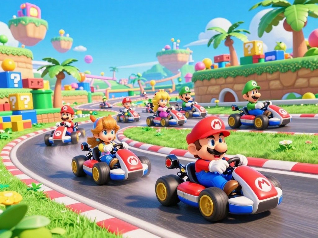 Mario Kart World racers follow tracks through a connected world