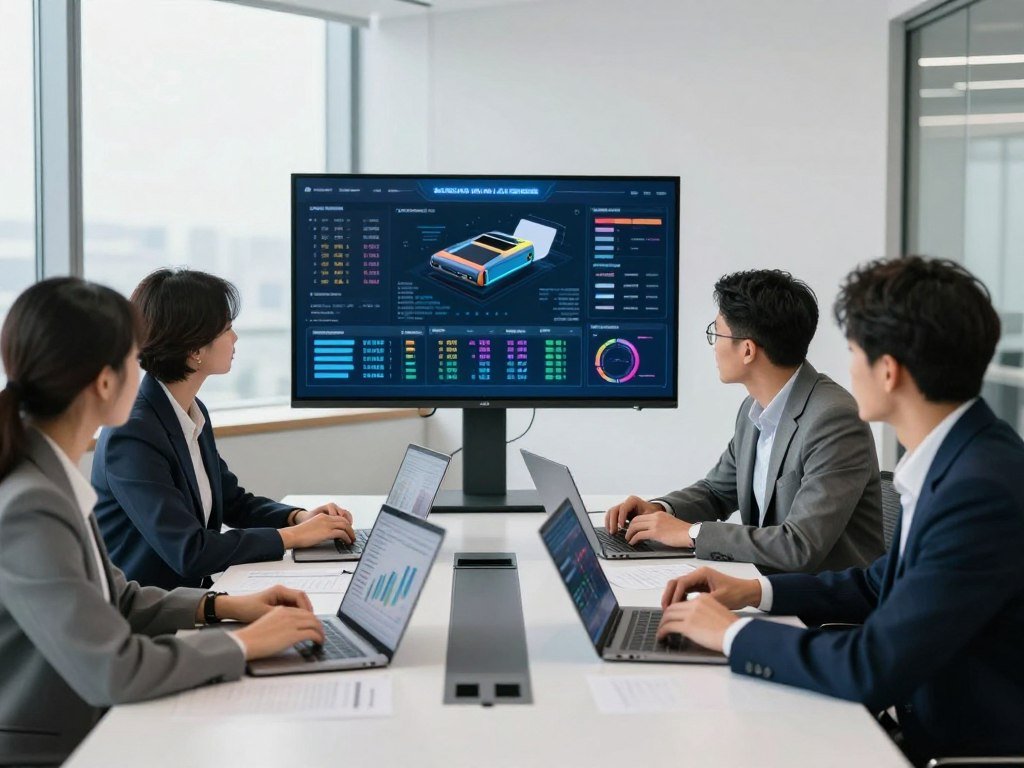 Marketing team checks product features and AI performance data