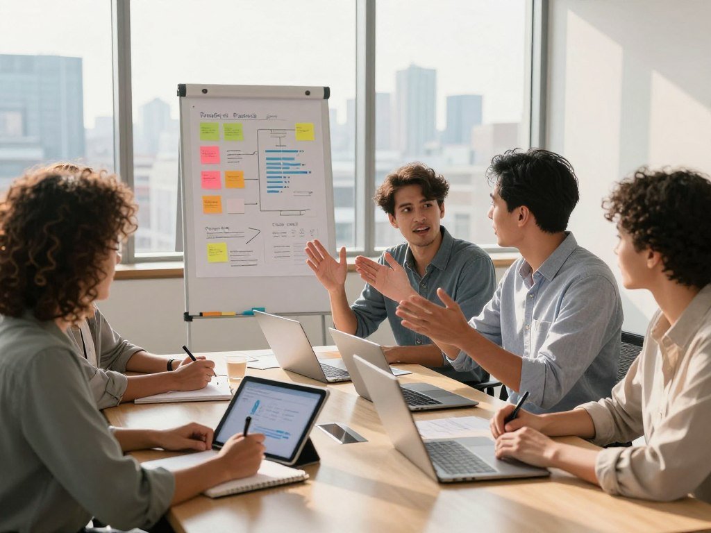 Marketing team planning social media content for a defined audience Marketing team planning social media content for a defined audience