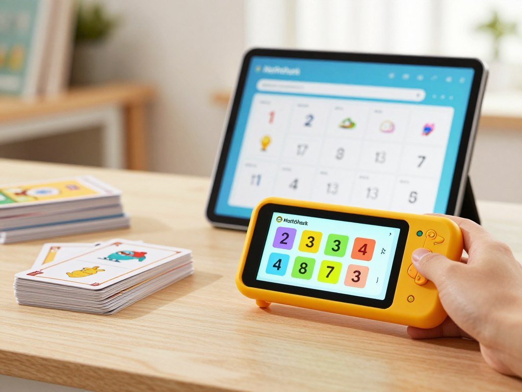 MathShark handheld device beside flashcards and a math app