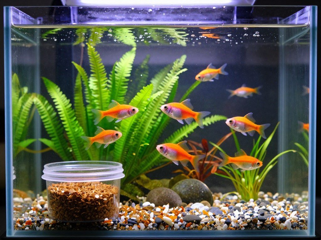 Measured fish food beside a clean freshwater aquarium Measured fish food beside a clean freshwater aquarium