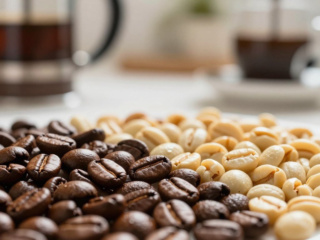Medium roast coffee beans beside a bright light roast Medium roast coffee beans beside a bright light roast