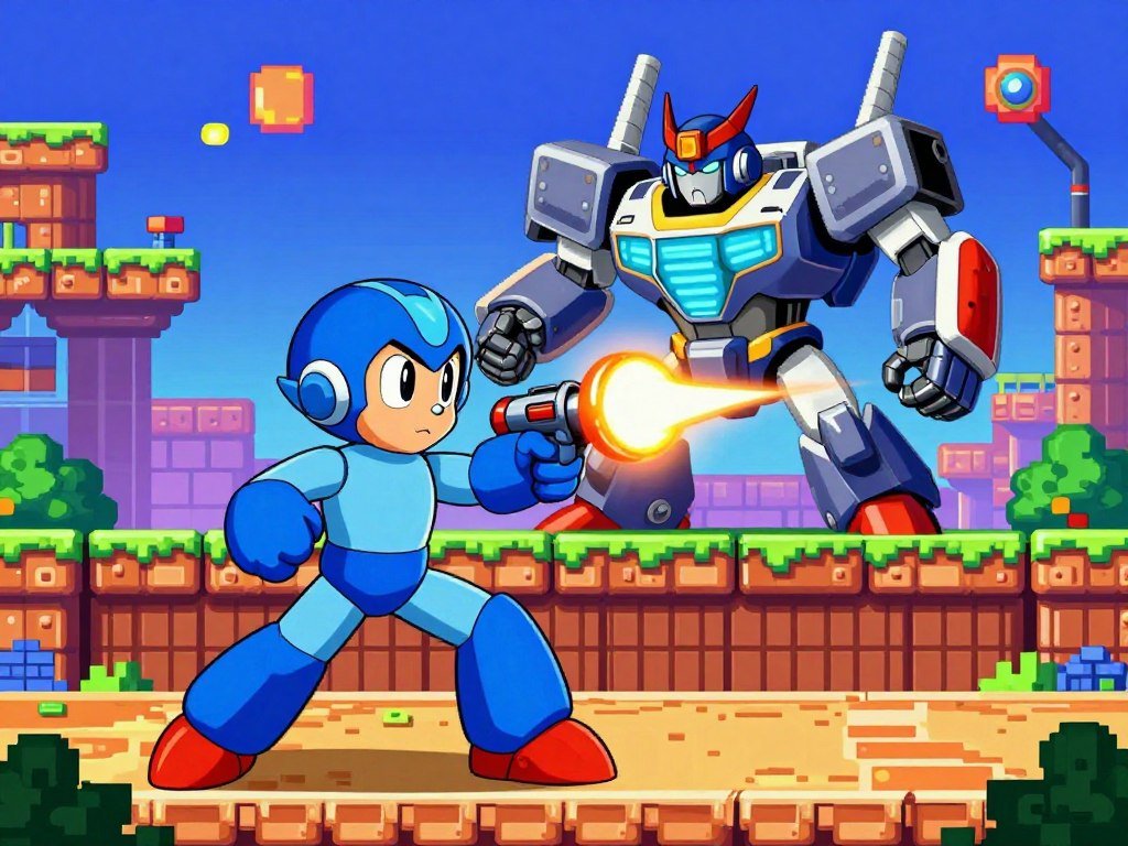 Mega Man faces a robot master in an action platform stage Mega Man faces a robot master in an action platform stage