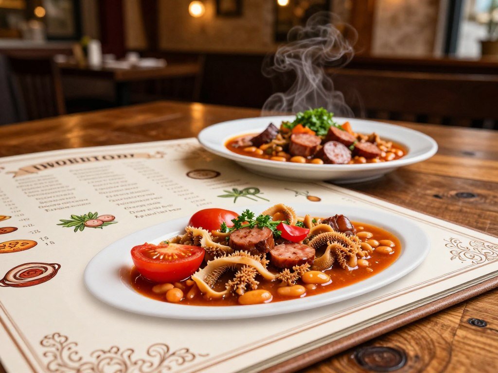 Menu describing tripe stew with sausage, tomato, and beans Menu describing tripe stew with sausage, tomato, and beans