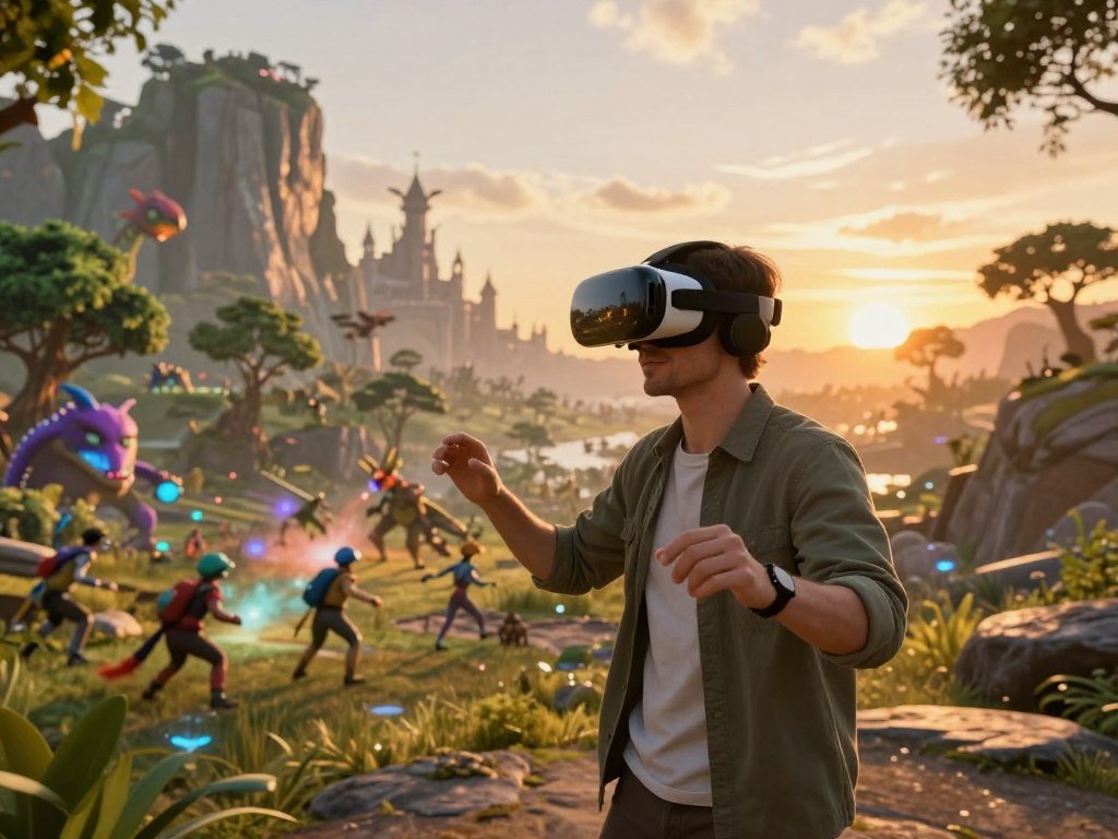 Meta Quest player exploring a large action game world Meta Quest player exploring a large action game world
