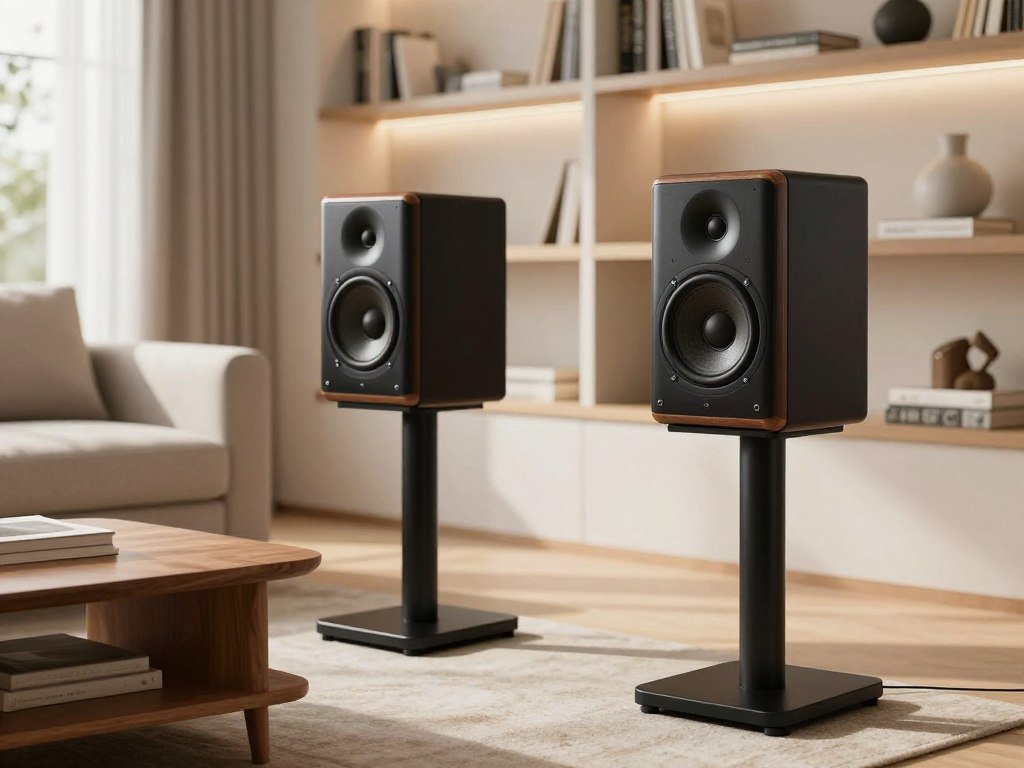 Mid-priced bookshelf speakers with separate floor stands Mid-priced bookshelf speakers with separate floor stands