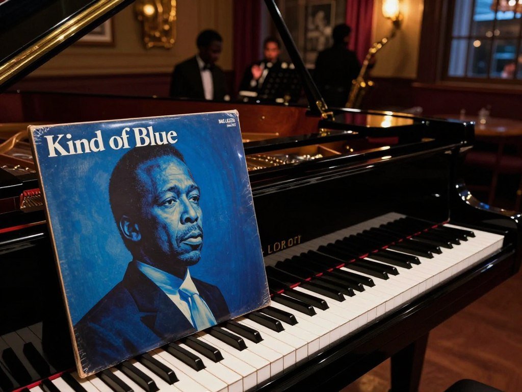 Miles Davis's Kind of Blue playing beside a piano