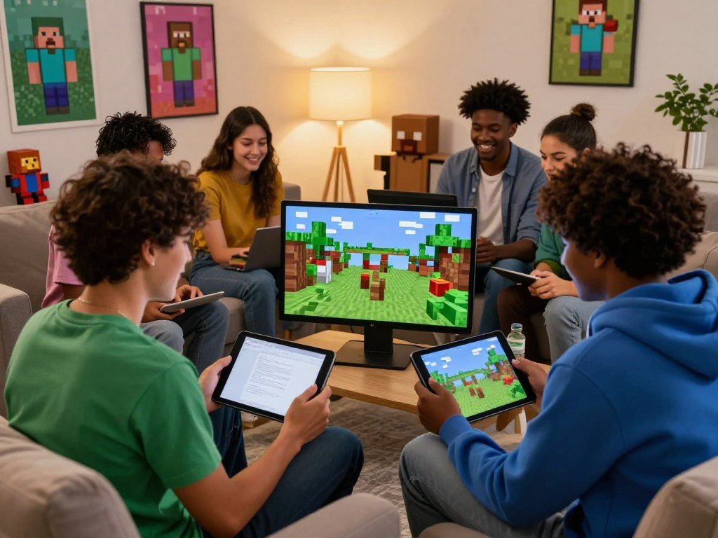 Minecraft friends building a shared world across devices