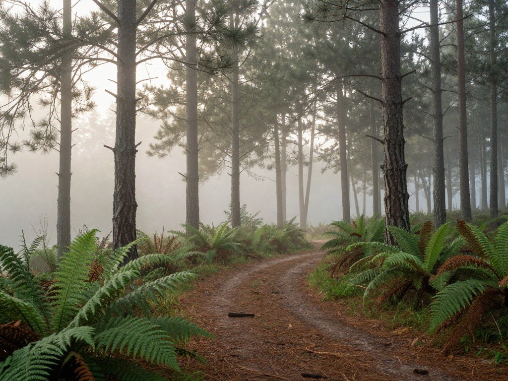 Mist moves through a pine forest viewed from a trail Mist moves through a pine forest viewed from a trail