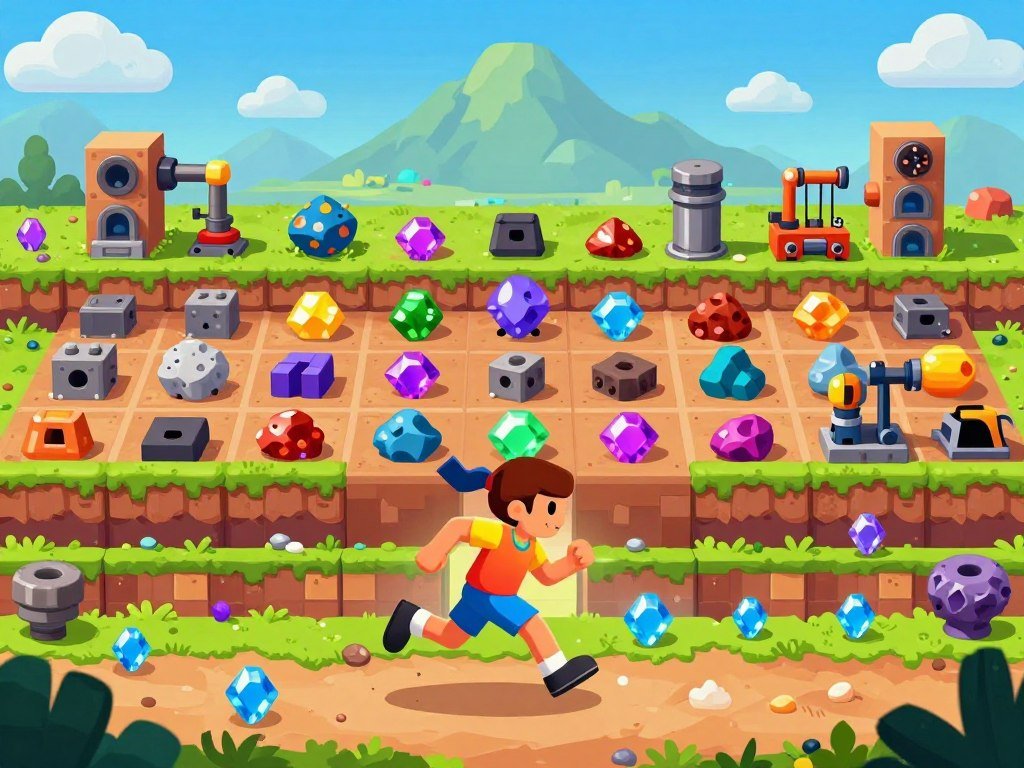Mobile idle games showing mines cells and a runner Mobile idle games showing mines cells and a runner
