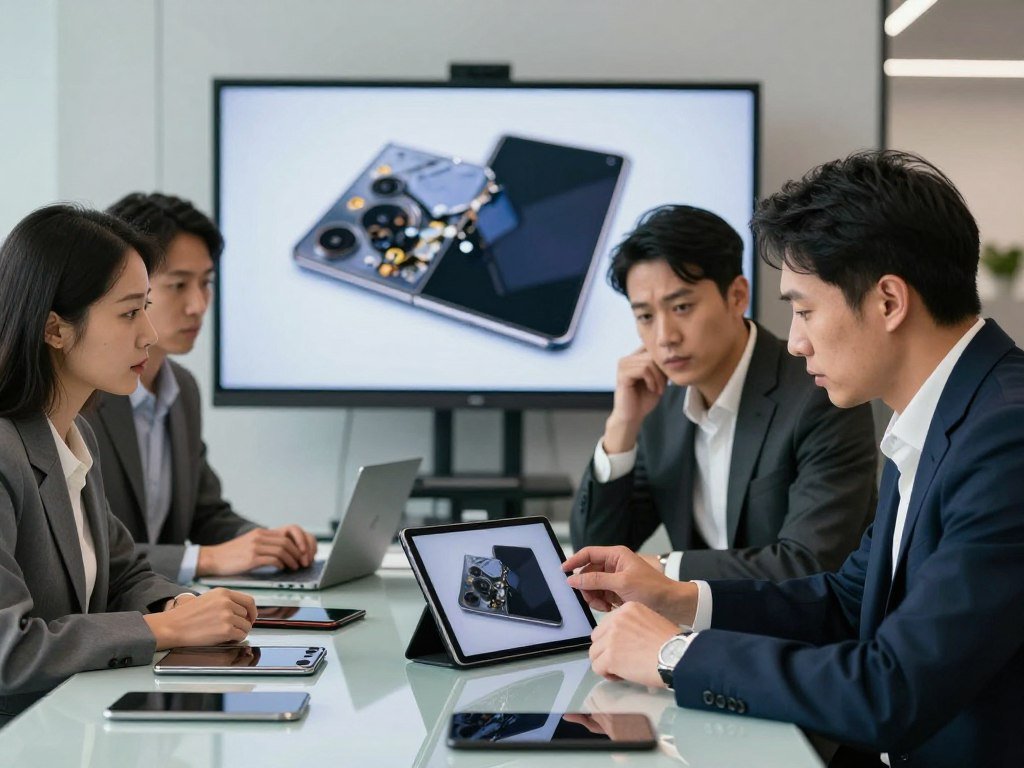 Moderators reviewing photos of a damaged foldable device