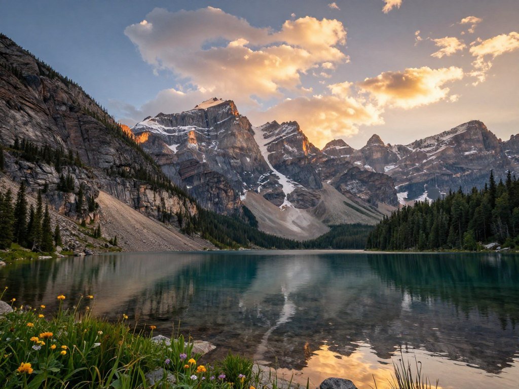 Mountain peaks rise above a Glacier national parks lake