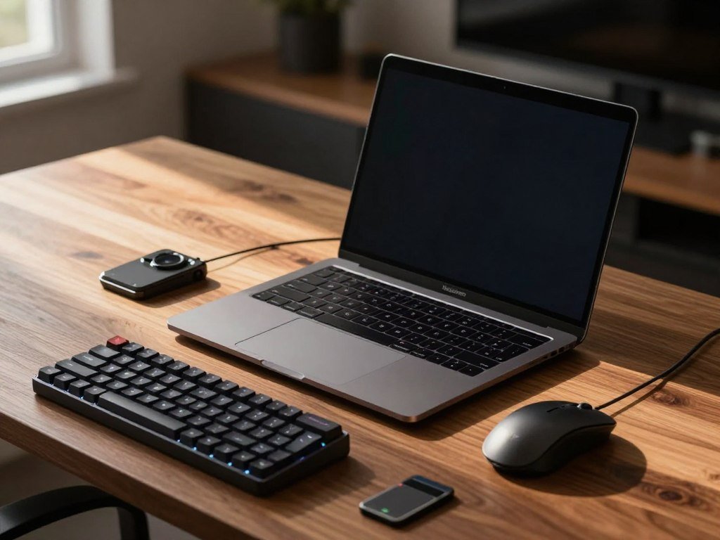 Mouse keyboard monitor and camera card beside a MacBook Pro