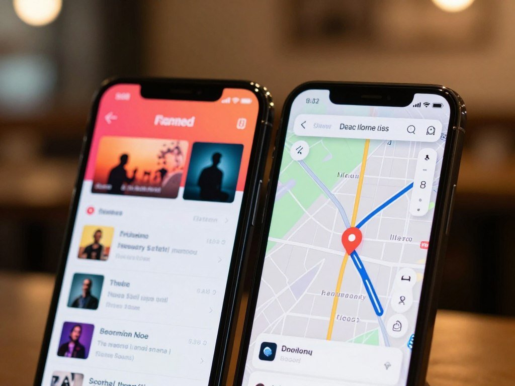 Music and route recommendations shown on two phone screens Music and route recommendations shown on two phone screens
